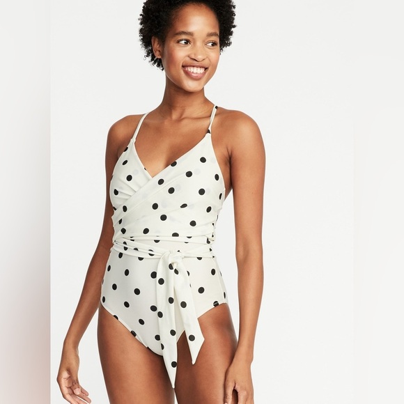 Old Navy Cream Polka Dot Wrap-Front Swimsuit Size Large - Picture 1 of 12